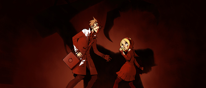 Image représentant les deux personnages principaux ayant peur face à une ombre menaçante